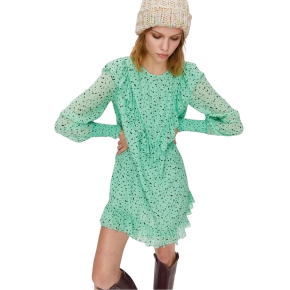 Aritzia Little Moon Mint Green/Black Pattern Long Sleeve Ruffle Dress (L) - Picture 4 of 16